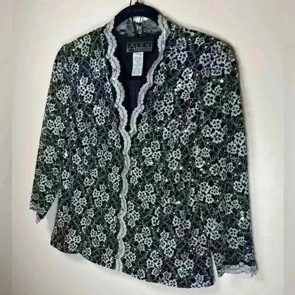 Alex Evenings 3/4 Sleeve Embroidered Blouse Black Silver Sequins Size Medium - Picture 2 of 11